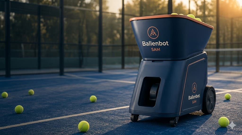 Ballenbot SAM Pro Elite tennismachine op padelbaan bij gouden uur